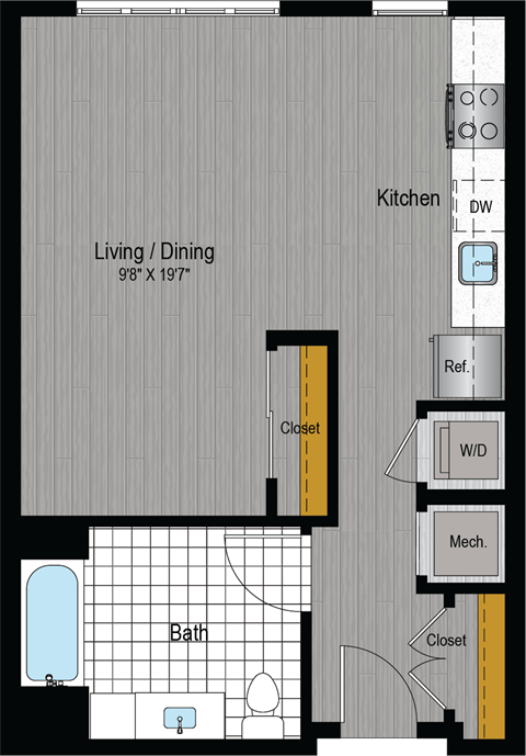 Floor plan for studio, 1 bath, 567 sqft